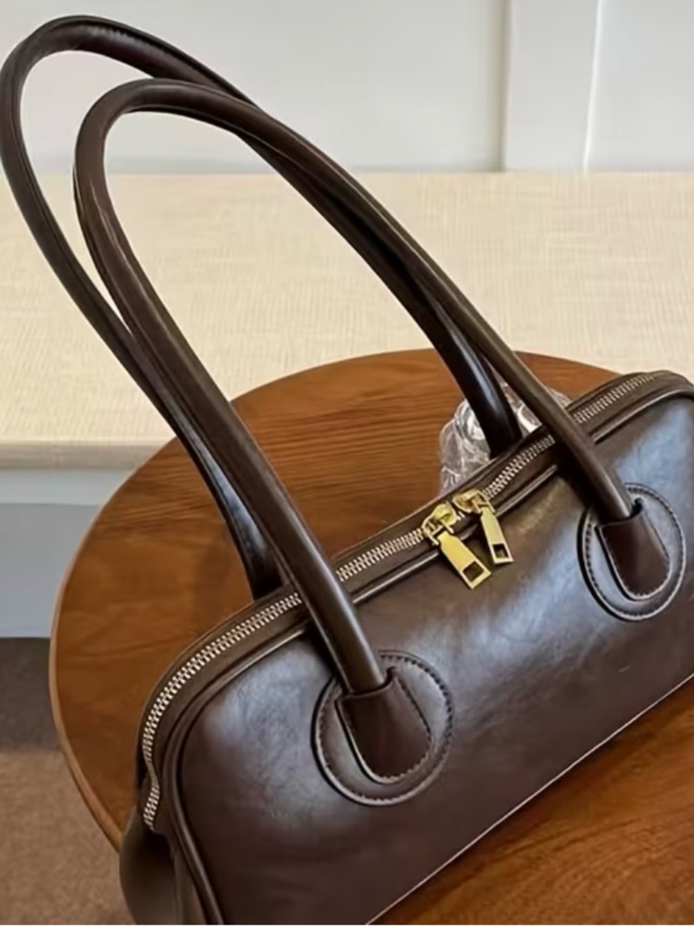 Coffee Brown Leather Shoulder Bag with Double Handles - Picture 4 of 4